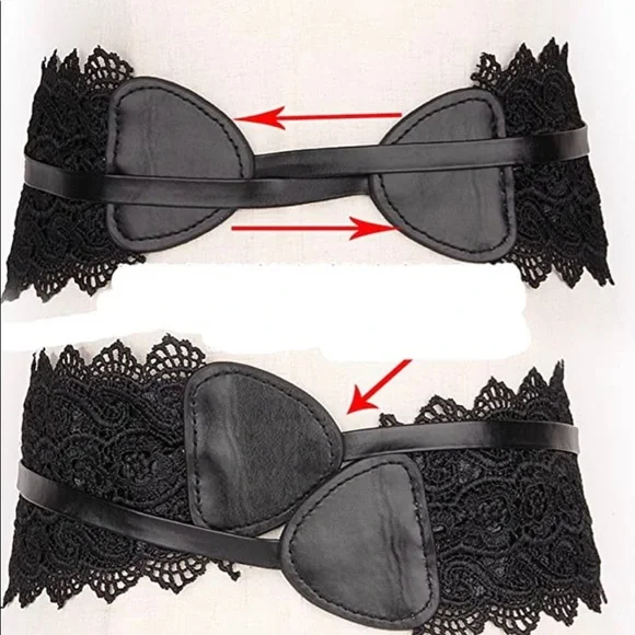 Black Lace faux leather wide boho belt stretch - Picture 9 of 10